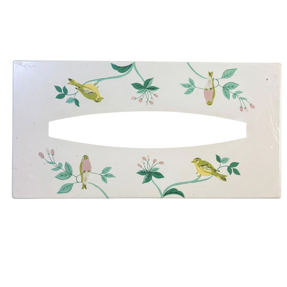 JI Japan Plastic Tissue Box Cover White Bird Floral Botanical Mid Century VTG
